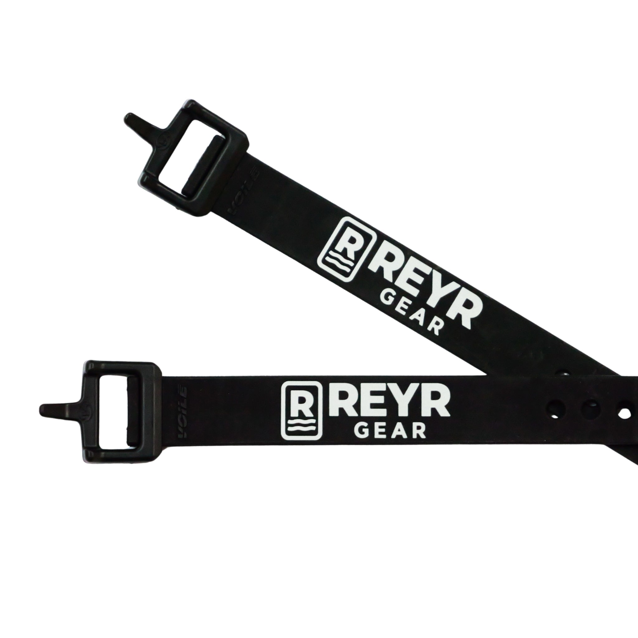Two black straps with REYR Gear branding on a white background