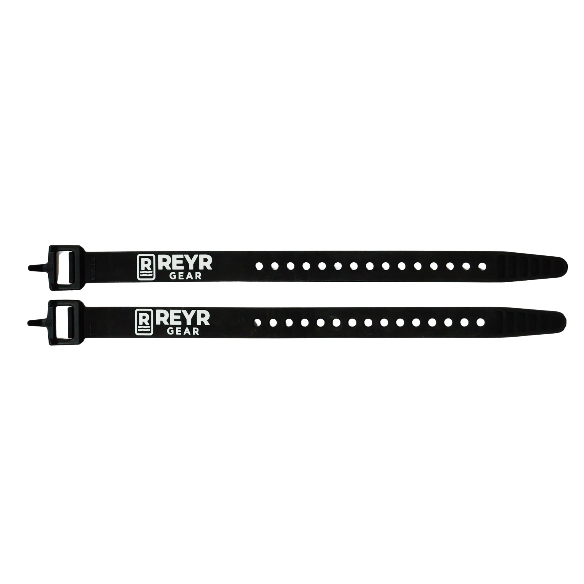 Two black REYR Gear straps on a white background